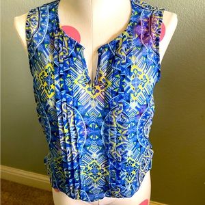 Banana Republic Sheer Split Neck Sleeveless Blue and Yellow Blouse